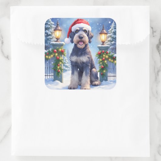 Giant Schnauzer Snowy Iron Fence Santa Christmas Quadratischer Aufkleber (Tasche)