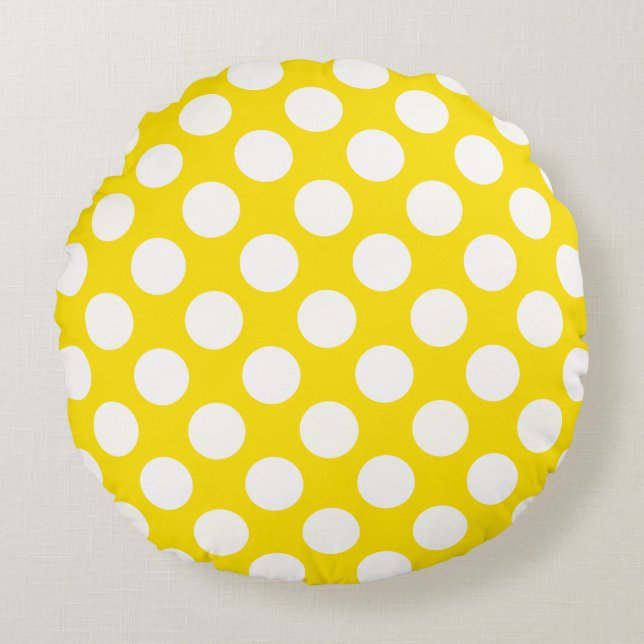 Giant White Polka Dots on Yellow Throw Pillow Rundes Kissen (Vorderseite)
