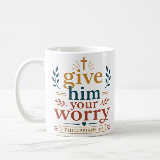 Gib ihm deine Sorge Schriftzusage Zitat Kaffeetasse (Links)