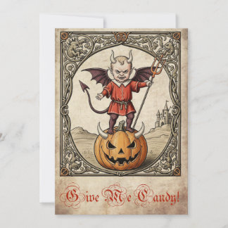 "Gib mir Süßigkeiten!" Vintage-Teufel-Halloween-Ka Feiertagskarte