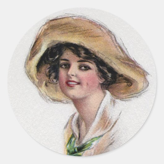 Gibson Girl in Hut und grüne Krawatte Runder Aufkleber (Vorderseite)