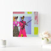 Gibson Girls in einem mondrianischen Muster Quadratische Wanduhr (Zuhause)