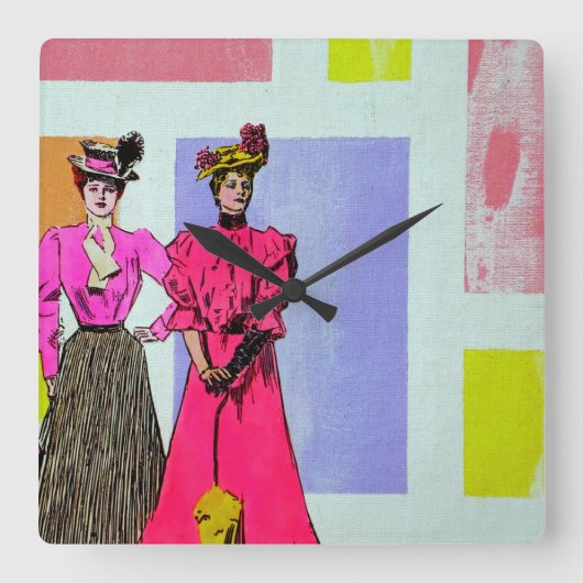 Gibson Girls in einem mondrianischen Muster Quadratische Wanduhr (Vorderseite)