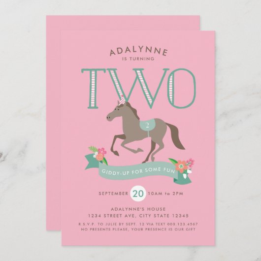 Giddy Up for Fun Second Birthday Einladung (Vorne/Hinten)