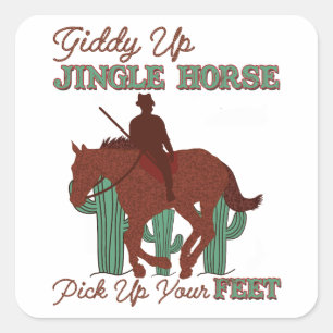 Giddy Up Jingle Pferd Heb deine Hufe, Cowboy Quadratischer Aufkleber