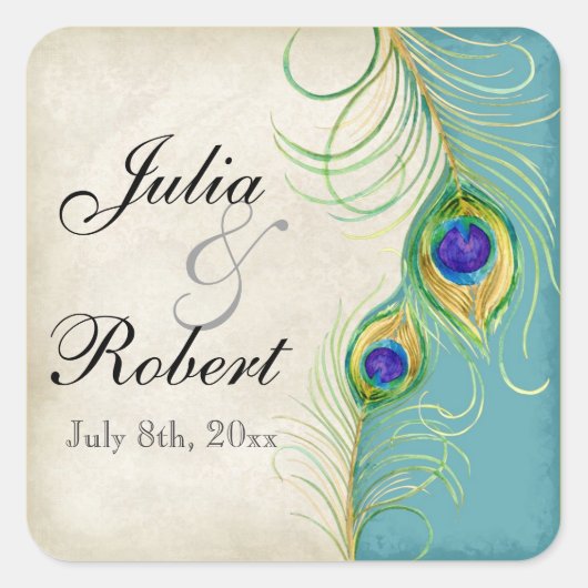 Gießereisticker - Pfauenfeathers Wedding Siegel Quadratischer Aufkleber (Vorderseite)