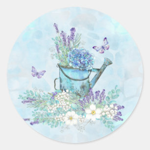 Gießkanne mit Sommerblumen und Schmetterlingen Runder Aufkleber