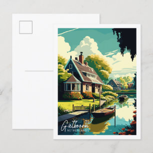 Giethoorn Niederlande Vintage Reise Illustration Postkarte