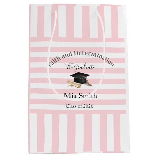 Gift Bags Pink White Stripe Graduation 2026 Mittlere Geschenktüte (Vorderseite)