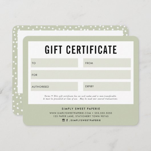 GIFT-BESCHEINIGUNG hübsches Geschäft Blassgrün (Vorne/Hinten)