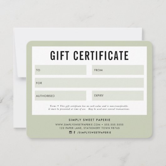 GIFT-BESCHEINIGUNG hübsches Geschäft Blassgrün (Vorderseite)