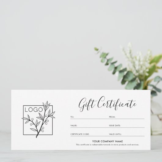 Gift Certificate Logo Photo Modern Script Card (Stehend Vorderseite)