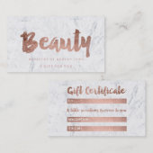 Gift certificate rose gold beauty script marble rabattkarte (Vorne/Hinten)