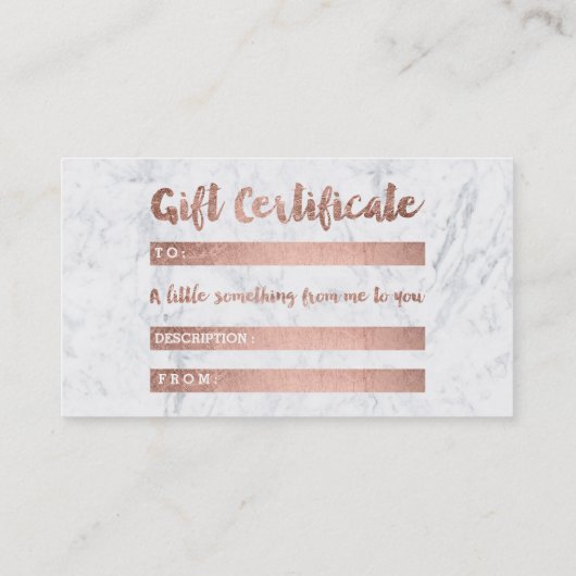 Gift certificate rose gold beauty script marble rabattkarte (Rückseite)