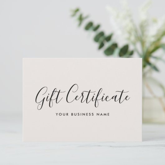 Gift Certificate Script Minimalist Off-White Card (Stehend Vorderseite)