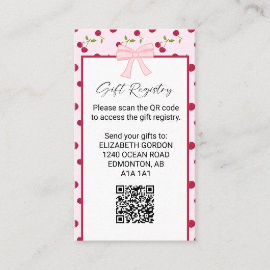 Gift Registry Cherry Baby Shower QR Code Begleitkarte (Vorderseite)