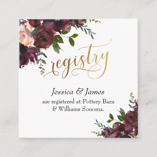Gift Registry Gold Script Red Watercolor Blume Begleitkarte (Vorderseite)