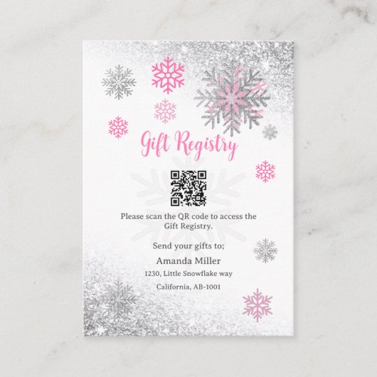 Gift Registry Snowflake Winter Baby Shower QR Code Begleitkarte (Vorderseite)