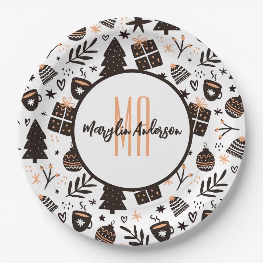 GIFTS CHRISTMAS BÄUME & ORNAMENTS PATTERN MONOGRAM PAPPTELLER (Vorderseite)