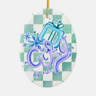 Gifty Time Blue Purple Checkerboard Oval Keramik Ornament