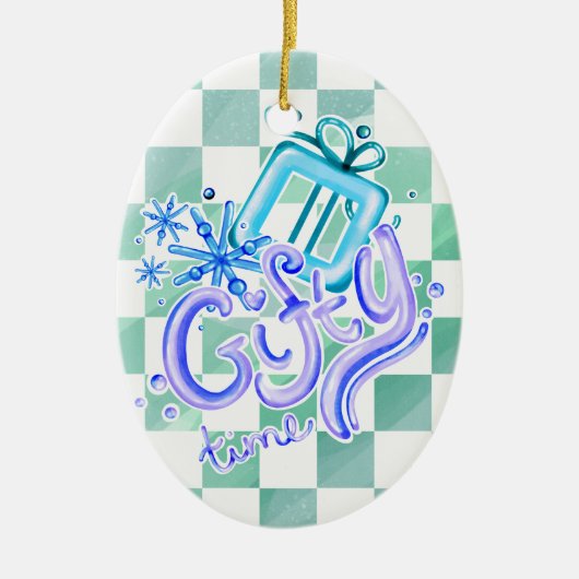 Gifty Time Blue Purple Checkerboard Oval Keramik Ornament (Vorne)