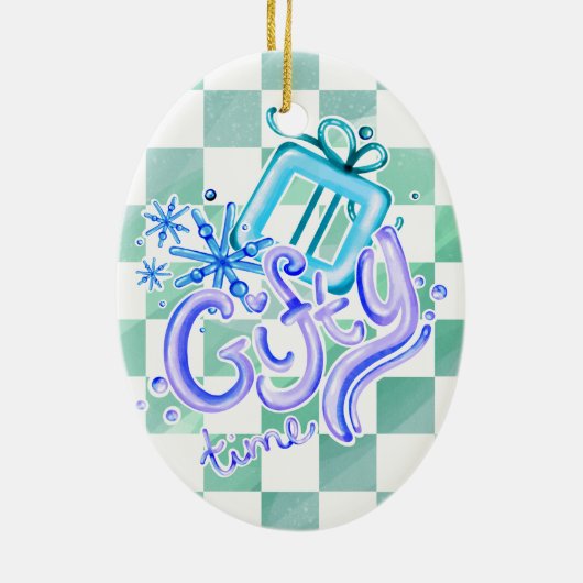 Gifty Time Blue Purple Checkerboard Oval  Keramik Ornament (Hinten)