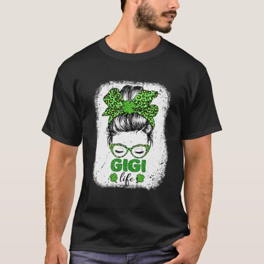 Gigi Clover Messy Bun Leopard Funny St Patrick s D T-Shirt (Vorderseite)