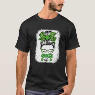 Gigi Clover Messy Bun Leopard Funny St Patrick s D T-Shirt