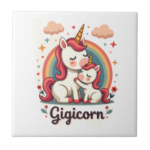 Gigicorn Vintage Einhorn Mutter und Baby Regenboge Fliese