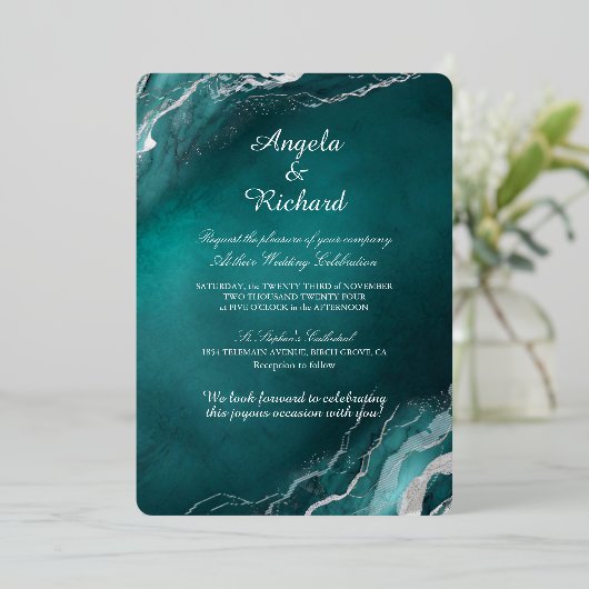 Gilded Aquamarin Elegance Wedding Einladung (Stehend vorne)