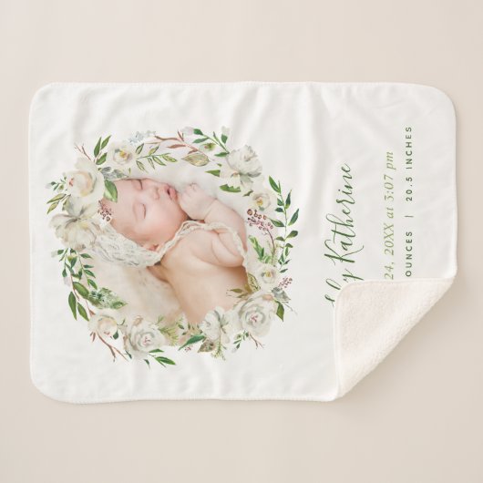 Gilded Blooms Floral Wreath Baby Foto Birth Stats Sherpadecke (Vorderseite (Horizontal))