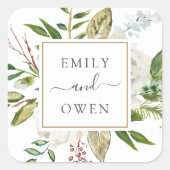 Gilded Blooms Floral Wreath Wedding Monogram Quadratischer Aufkleber (Vorderseite)