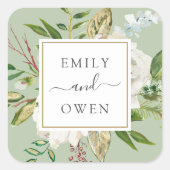 Gilded Blooms Floral Wreath Wedding Monogram Quadratischer Aufkleber (Vorderseite)