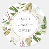 Gilded Blooms Floral Wreath Wedding Monogram Runder Aufkleber (Vorderseite)