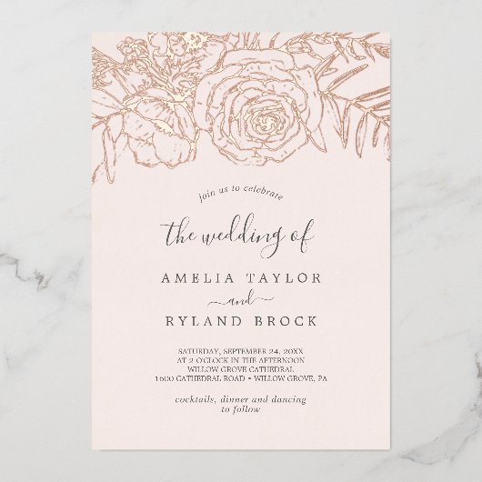 Gilded Bloral Rose Gold Foil Blush Die Hochzeit vo Folieneinladung (Vorderseite)