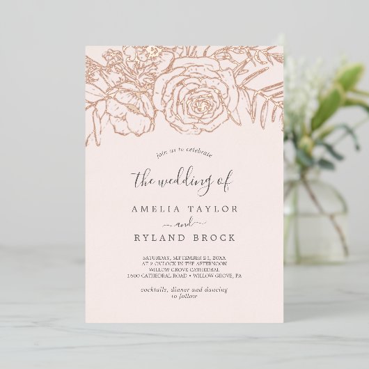 Gilded Bloral Rose Gold Foil Blush Die Hochzeit vo Folieneinladung (Stehend vorne)