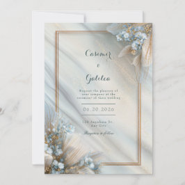 Gilded Blue Floral Cream Fluid Marble Wedding Einladung