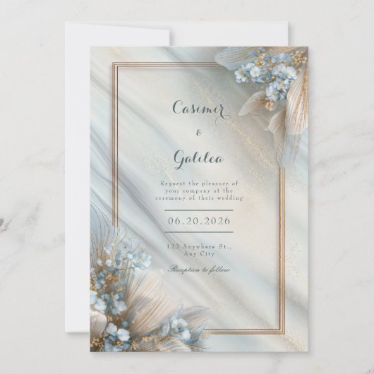Gilded Blue Floral Cream Fluid Marble Wedding Einladung (Vorderseite)