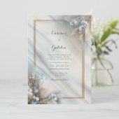 Gilded Blue Floral Cream Fluid Marble Wedding Einladung (Stehend Vorderseite)