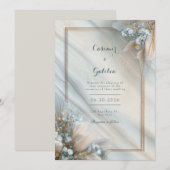 Gilded Blue Floral Cream Fluid Marble Wedding Einladung (Vorne/Hinten)