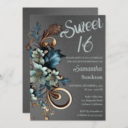 Gilded Botanical mit Silver Sweet 16 Einladung (Vorne/Hinten)