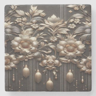 Gilded Botanical Symphony on Charcoal Noir Steinuntersetzer