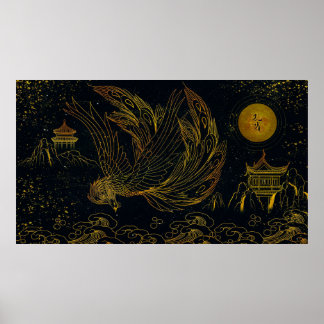 Gilded Chinese Black Gold Peacock Line Zeichnend Poster