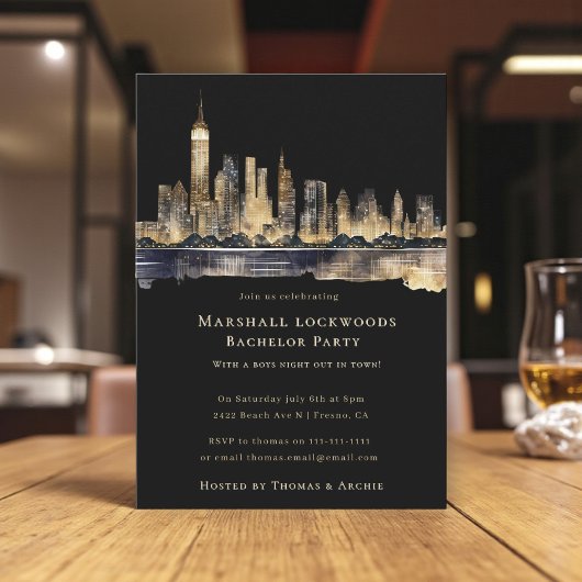 Gilded Cityscape Night Bachelor Party Invitation Einladung