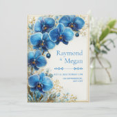 Gilded Cobalt Blue Orchid Botanical Wedding Einladung (Stehend Vorderseite)