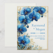 Gilded Cobalt Blue Orchid Botanical Wedding Einladung (Vorne/Hinten)