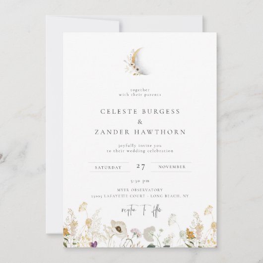 Gilded Crescent Moon Wildblume Hochzeit Einladung (Vorderseite)