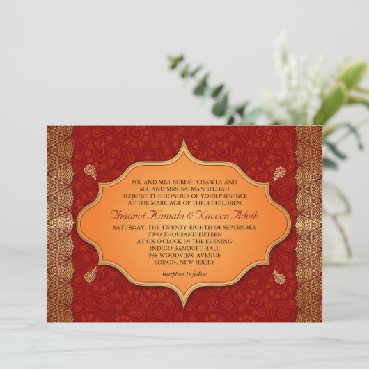 Gilded Edge Indian Frame Wedding Einladung (Stehend Vorderseite)