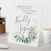 Gilded Eucalyptus Sign Wedding Guest Book Sockelschild (In Situ)