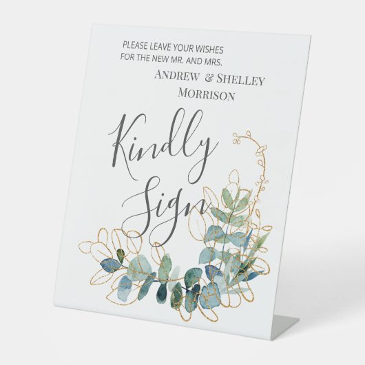 Gilded Eucalyptus Sign Wedding Guest Book Sockelschild (Vorderseite)